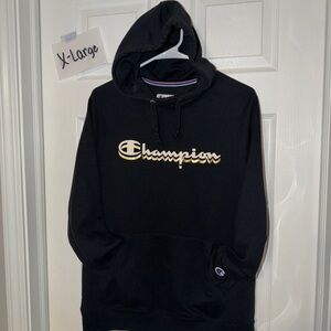 Champion Black Hoodie with Gold and White Logo